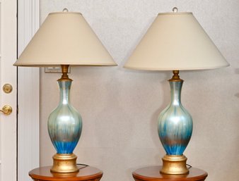 Art Glass Lamps With Gold Base And White Shade