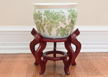 Ceramic Flower Pot On Wooden Stand