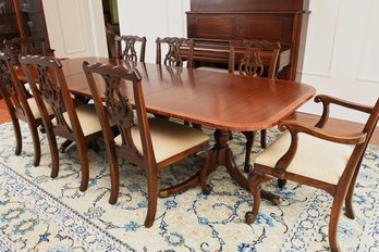 Dual Pedestal Banded Mahogany Dining Table With 8 Chippendale Style Chairs