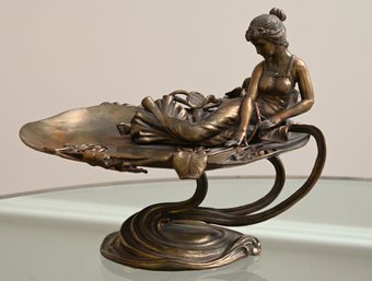Vintage Art Nouveau Bronze Lady And Lilly Raised Tray