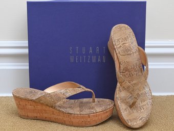 Stuart Weitzman Tan Nairobi Clasp Patch Leather Cork Wedge Sandals Women's Size 8