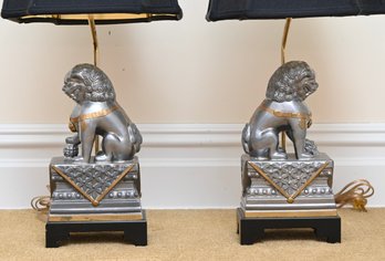 Sculpted Silver And Gold Chinese Foo Dog Lamps