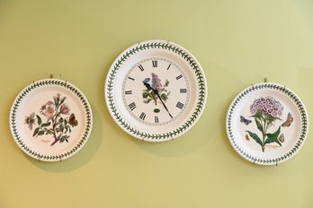 Trio Of Ceramic Botanical Plates And Clock