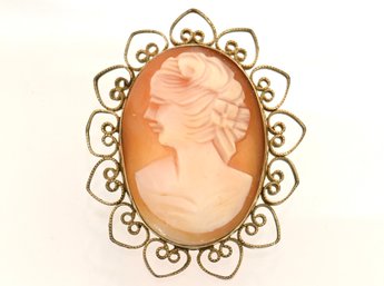 Vintage Cameo Brooch In 12K Gold-Filled Filigree Frame