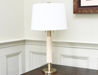 Travertine And Brass Table Lamp With White Shade