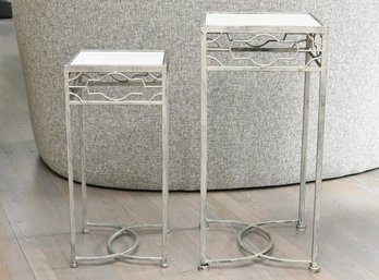 Silver Metal Pedestal Plant Stands With Faux Marble Tops