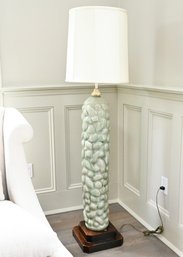 Textured Celadon Ceramic Floor Lamp With Wood Base