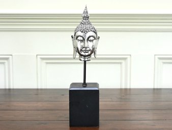 Silver-Tone Buddha Head Sculpture On Stand