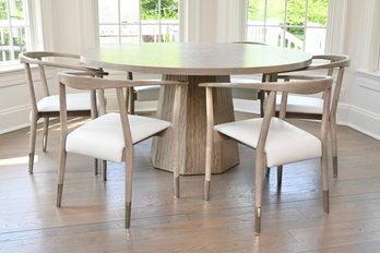 West Elm Modern Round Dining Table With 6 Upholstered Dining Chairs