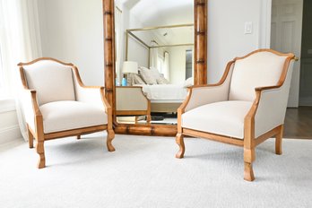 Pair Of Custom Upholstered Honey Oak Lounge Chairs