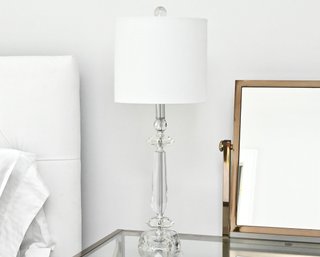 Lucite And Crystal Table Lamp With White Drum Shade