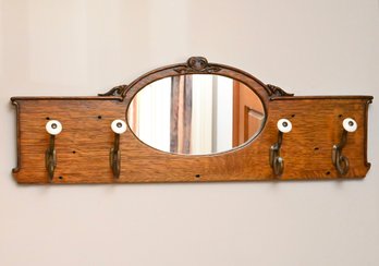 Antique Oak Wall Coat Rack With Mirror And Porcelain Hooks