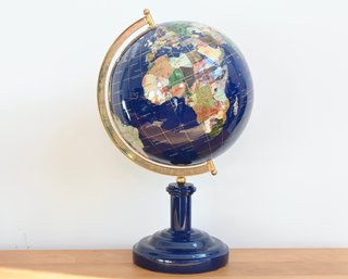 Elegant Blue Lapis Gemstone Globe With Brass Meridian
