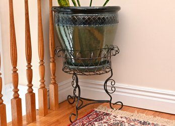 Large Glazed Ceramic Planter With Metal Stand