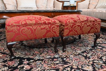 Pair Of Red & Gold Floral Damask Ottomans