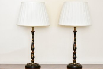 Italian Black And Gold Leaf Floral Tole Table Lamps - A Pair
