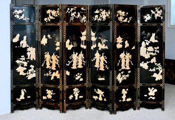 Vintage Chinese Black Lacquer Folding Room Divider With Mother Of Pearl