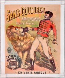 Original Sans Couture!! French Advertising Poster With Lion  1896 Cloth Backed Lithograph