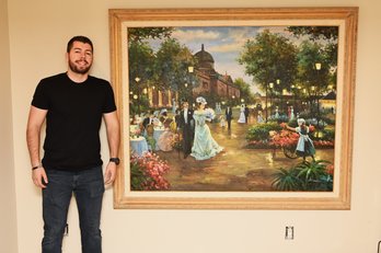 Very Large Parisian Street Scene Framed Painting On Canvas