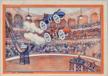 Vintage Auto Ramp Circus Poster  Jumping Race Cars Arena Scene  Belgian Lithograph