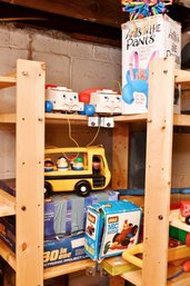 Toy Shelf Lot 5 Including Fisher Price Telephones And Brio