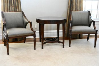 Baker Round Accent Table With Pair Of Hickory Custom Upholstered Armchairs