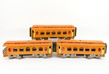 Lionel Prewar Orange Early Lionel 18, 18, 190 Passenger Cars Standard Gauge Prewar