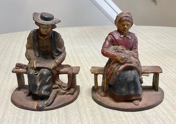 Antique Cast Iron Amish Man And Woman Bookends 1930's