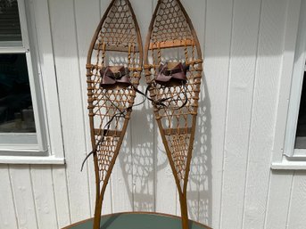 Vintage Pair Of Wooden Snowshoes With Leather Bindings