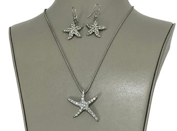 Rhinestone Starfish Pendant And Earrings With A Sterling Silver Chain