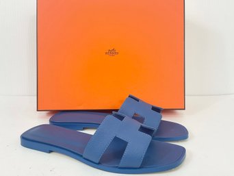 Hermes Oran Sandal Bleu Bleuet Size 37.5 With Box