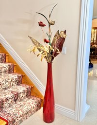Tall Glass Floor Trumpet Vase With Floral Arrangement