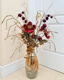 Glass Vase With Red & Gold Flower Arrangement
