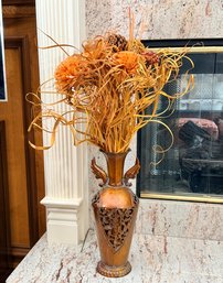 Bronze Color Tin Vase With Orange Foliage