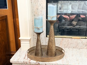 Pair Of Candlestick With Blue Candles And Metal Tray