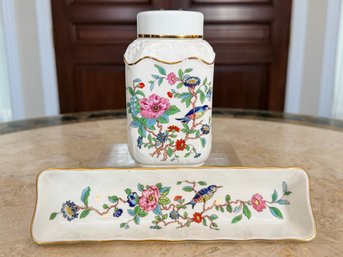 Aynsley Pembroke England Mint/Olive Tray And Lidded Jar