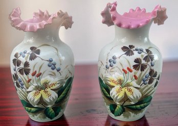 Pair Of White Floral Vases With Pink Ribbon Ruffle Rim