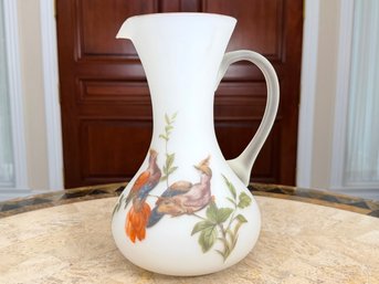 White Frosted Satin Glass Pitcher With Pheasants