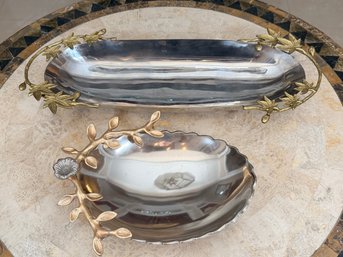 Two Silver Metal Serving Trays With Leaves