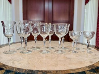 12 Vintage Etched Crystal Glasses Red, White & Cordials Sizes