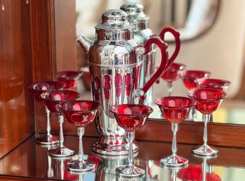 Vintage Art Deco Chrome And Ruby Red Glass Cocktail Set