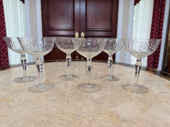 6 Etched Crystal Champagne Glasses