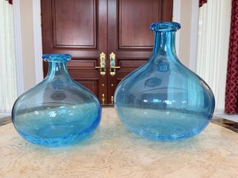 Pair Of Hand Blown Aqua Crackle Glass Balloon Vases