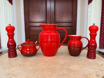 Le Creuset Red Pitcher, Creamer,  Sugar Bowl And Peugeot Salt & Pepper Mills