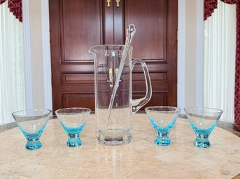4 Aqua Blue Cocktail Glasses With Pitcher And Stirrer