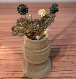 Antique Hat Pins With Wood Holder