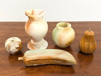 Five Pieces Green Onyx And Amber Marbled Fruit And Vases Pieces