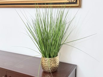 Faux Green Grass Plant In A Gold Dimpled Pot