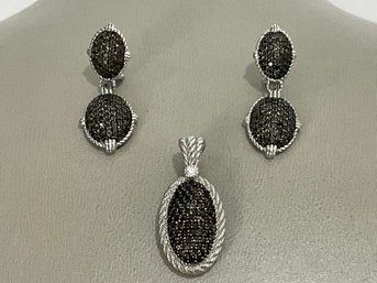 Judith Ripka Sterling Silver & Black Spinal Pendant And Earrings