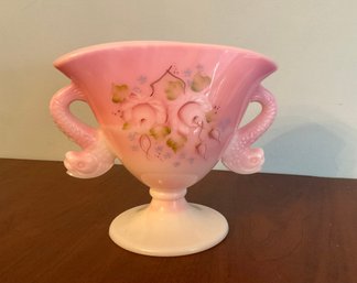 Vintage Fenton Pink Rosalene Roses Dolphin Fan Vase